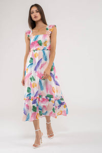 Brush Stroke Midi Dress in White Multi--Lemons and Limes Boutique