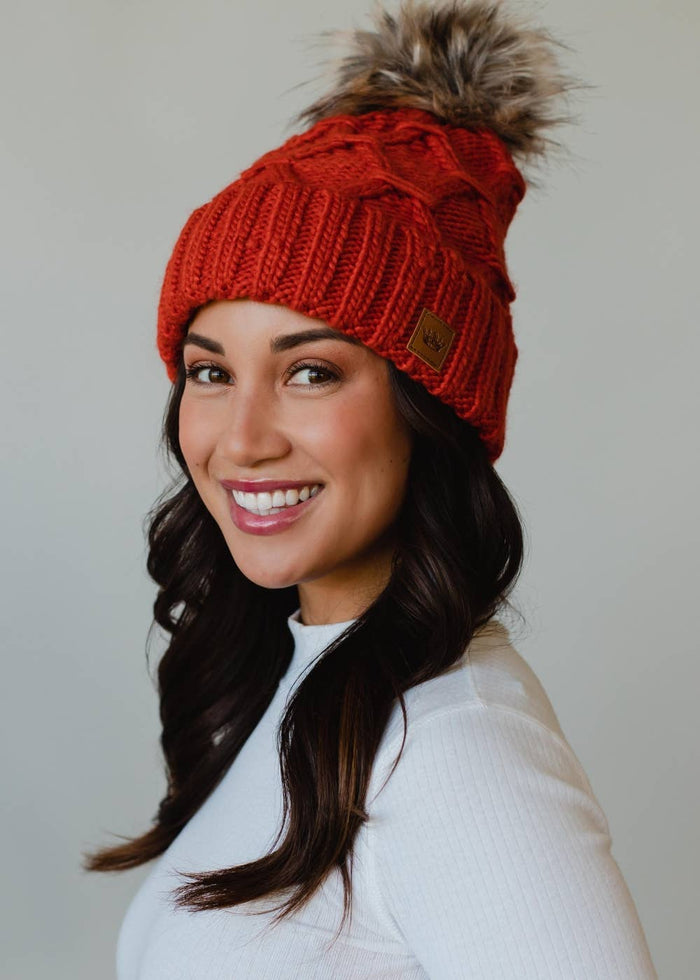 Terracotta Diamond Cable Knit Pom Hat-Lemons and Limes Boutique