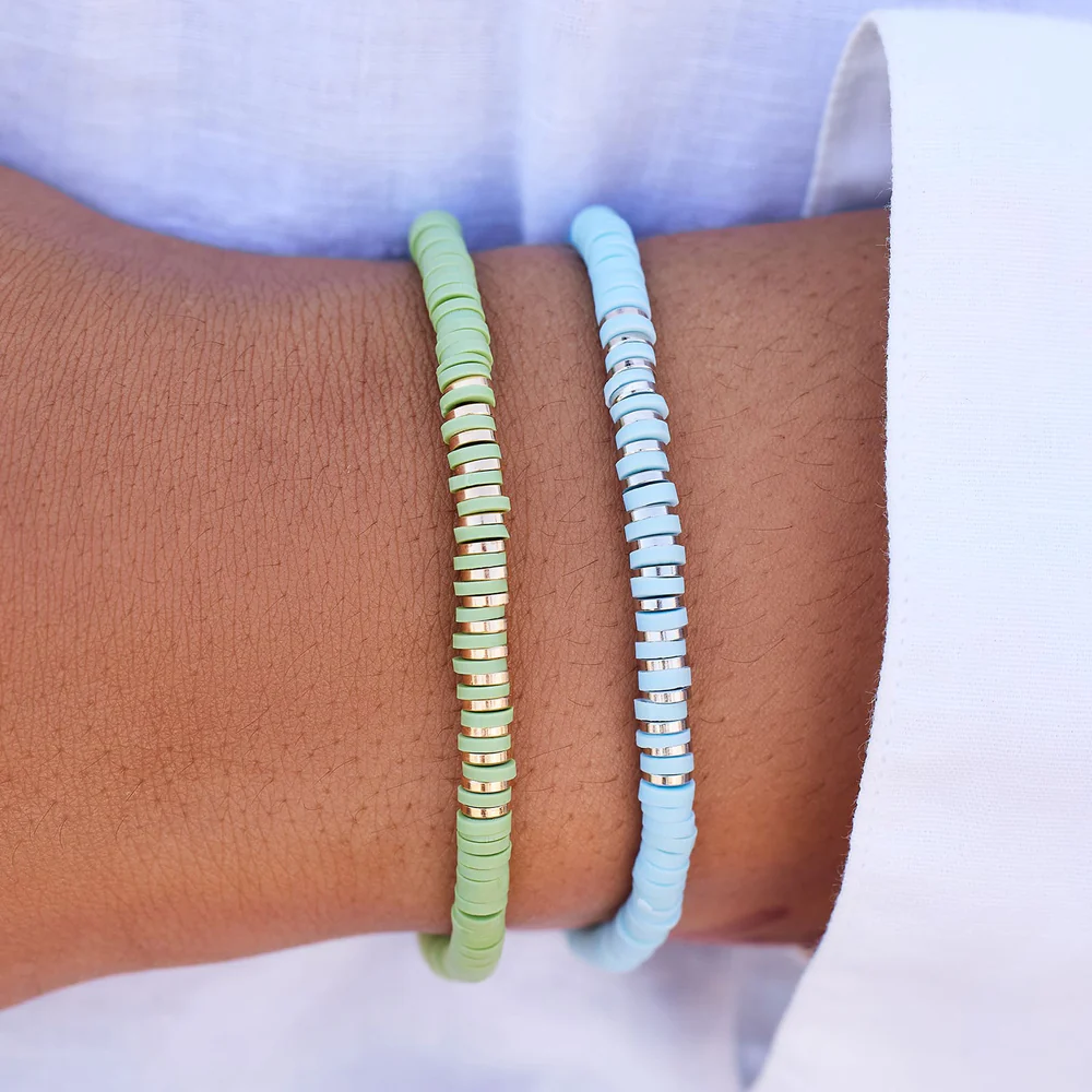 Heishi Disc & Metal Stretch Bracelet in Aqua and Gold Pura Vida--Lemons and Limes Boutique