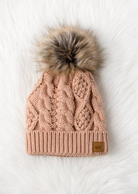 Peach Fuzz Cable Knit Pom Hat-Lemons and Limes Boutique