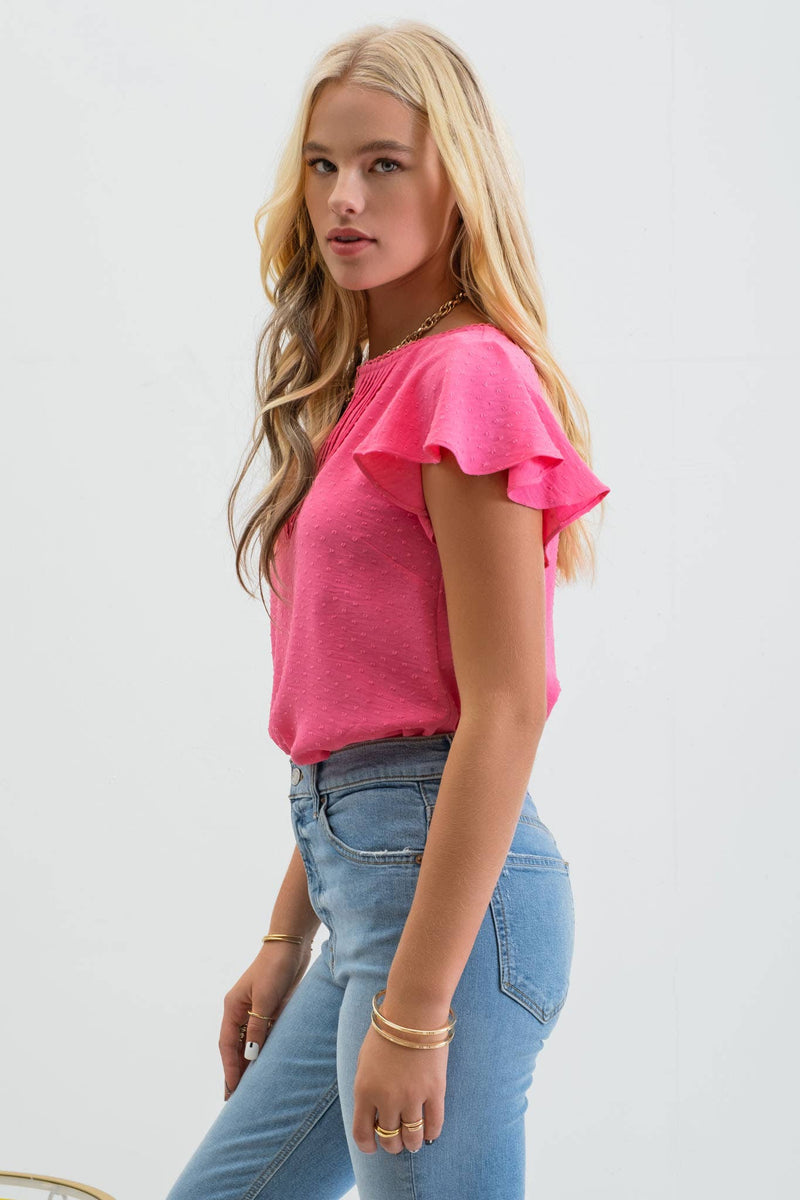 Lace Edge Split Neckline Woven Top in Fuchsia--Lemons and Limes Boutique