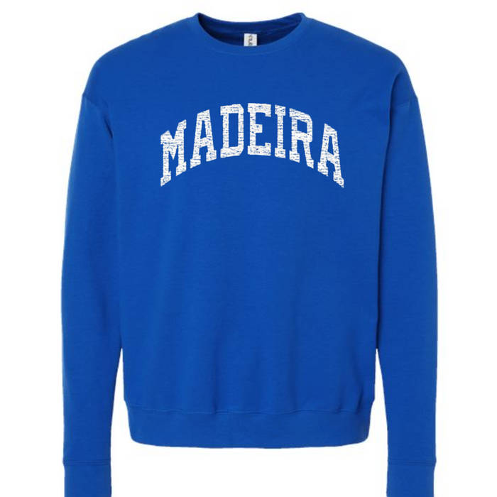 Vintage White Curved Madeira Crewneck Sweatshirt on Royal Blue--Lemons and Limes Boutique