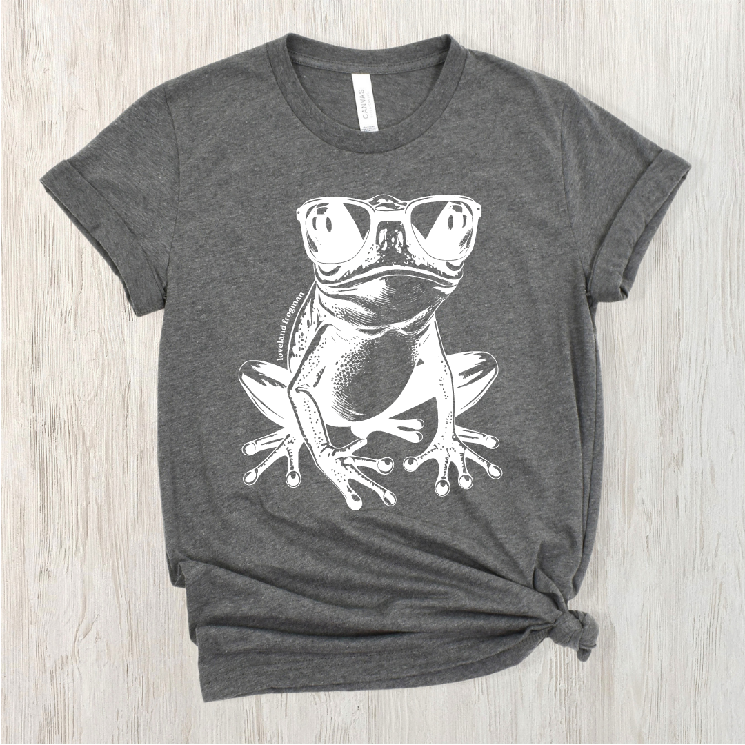 Loveland Frogman with Sunglasses T-Shirt on Deep Heather Gray--Lemons and Limes Boutique