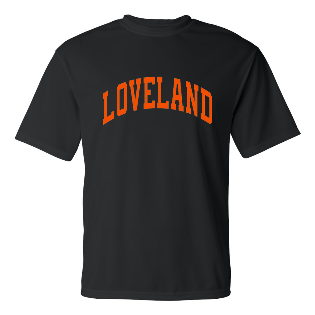 Loveland Ohio Curved Performance T-Shirt on Black--Lemons and Limes Boutique