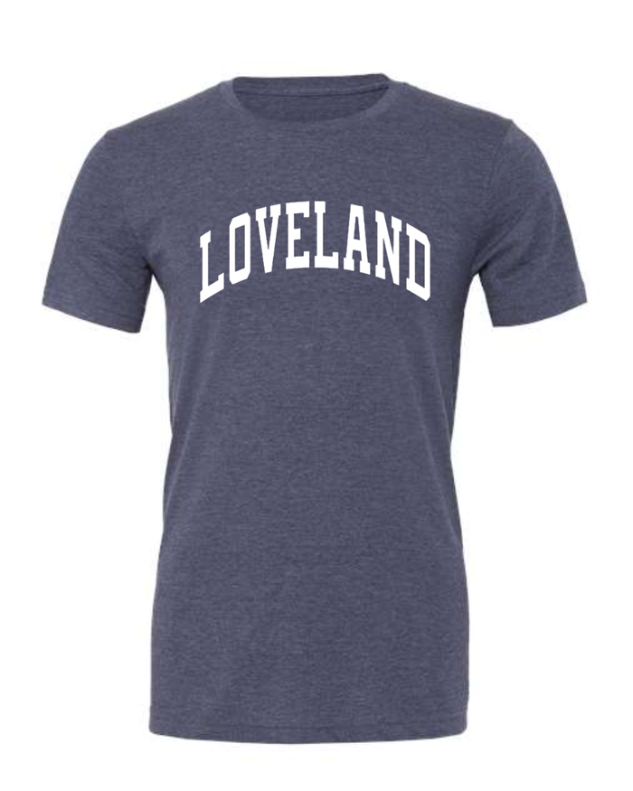 Loveland White Curved Block T-Shirt on Heather Navy