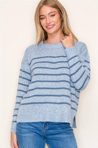 Striped Crew Neck Pullover Sweater with Side Slits in Denim--Lemons and Limes Boutique