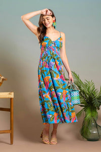 Tropical Print V Neck Midi Dress in Blue Multi--Lemons and Limes Boutique