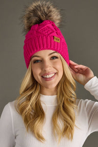 Bright Pink Cable Knit Pom Hat-Lemons and Limes Boutique