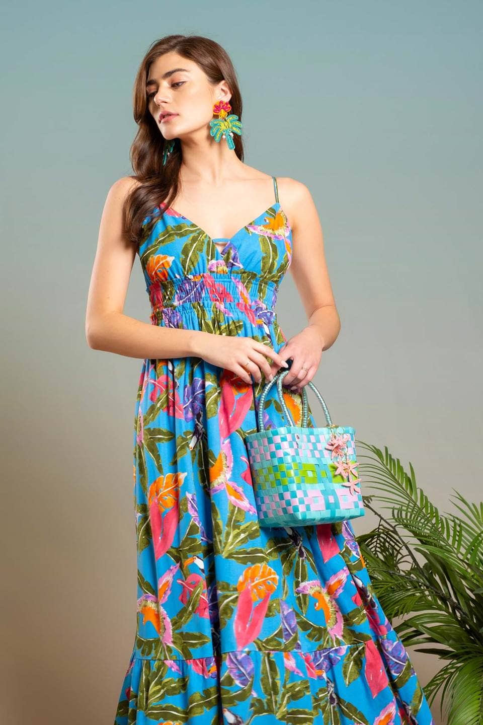 Tropical Print V Neck Midi Dress in Blue Multi--Lemons and Limes Boutique