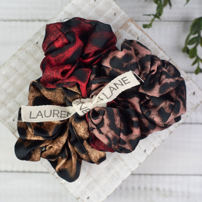 Hair Scrunch Set In Luxe Leopard (Red/Blush/Beige)-Hair Accessories-Lemons and Limes Boutique