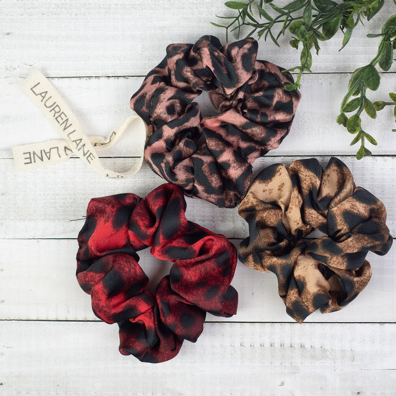 Hair Scrunch Set In Luxe Leopard (Red/Blush/Beige)-Hair Accessories-Lemons and Limes Boutique