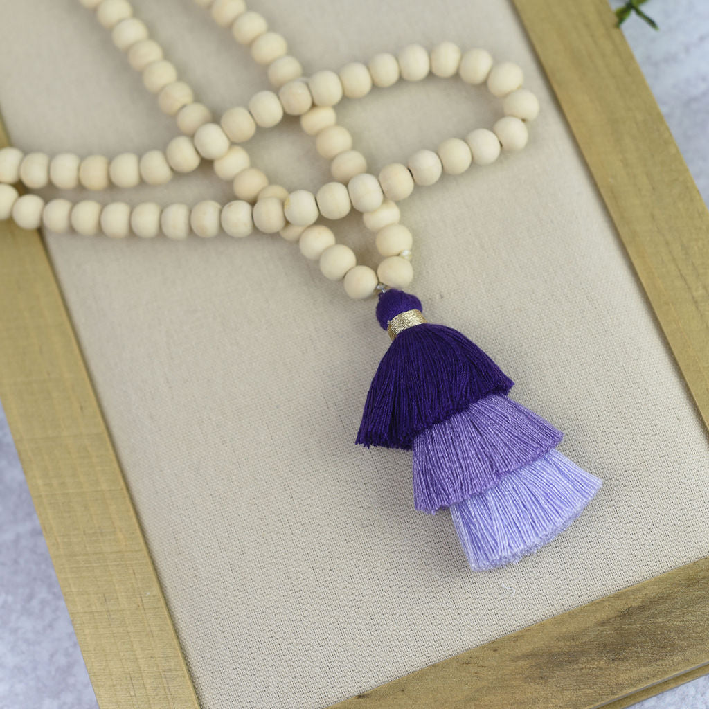 Kinsey Wood Bead and Tassel Statement Necklace-Purple-Lemons and Limes Boutique
