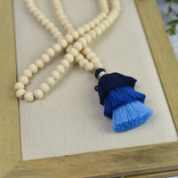Kinsey Wood Bead and Tassel Statement Necklace-Blue-Lemons and Limes Boutique