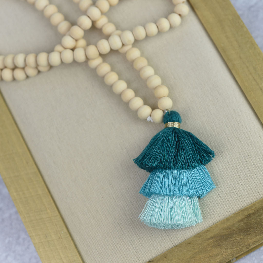 Kinsey Wood Bead and Tassel Statement Necklace-Mint-Lemons and Limes Boutique