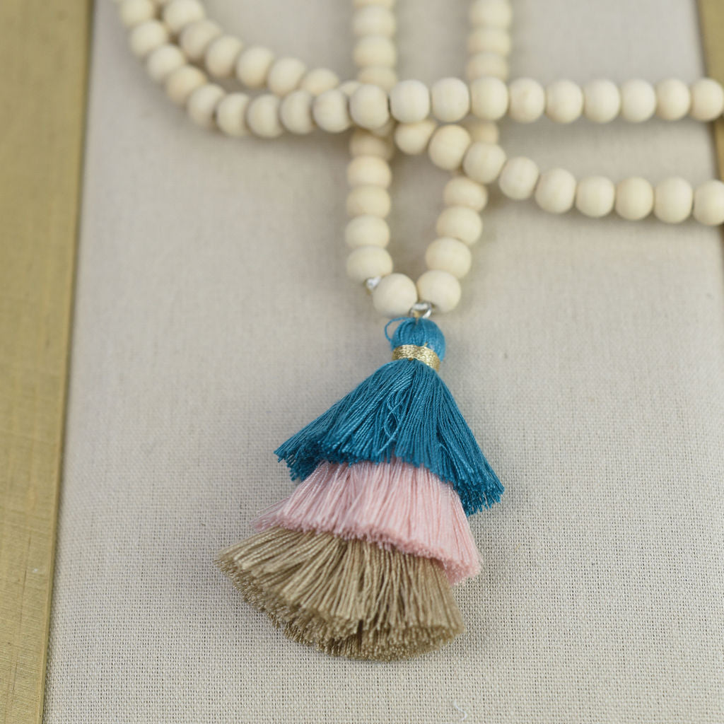 Kinsey Wood Bead and Tassel Statement Necklace-Pastel-Lemons and Limes Boutique