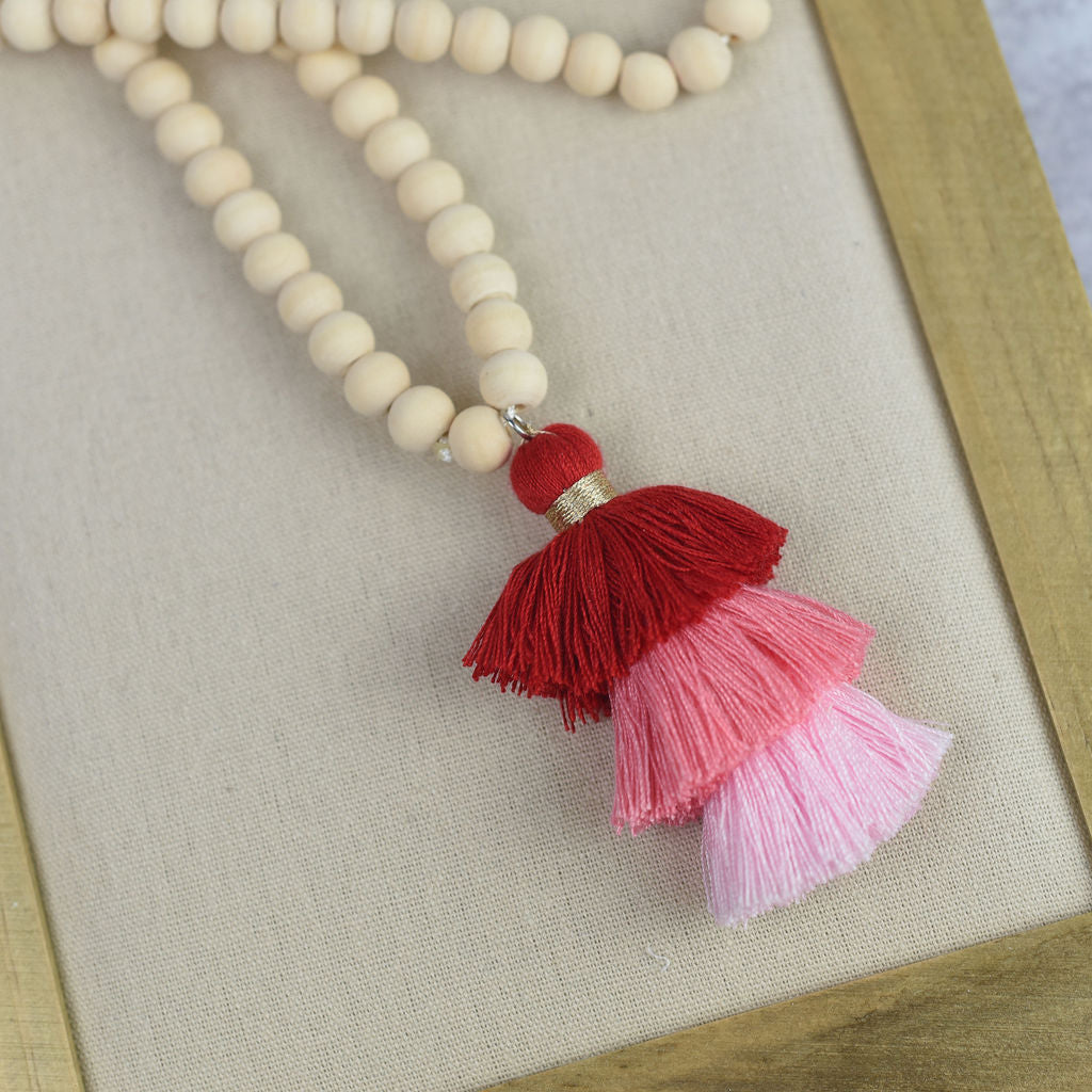 Kinsey Wood Bead and Tassel Statement Necklace-Red-Lemons and Limes Boutique