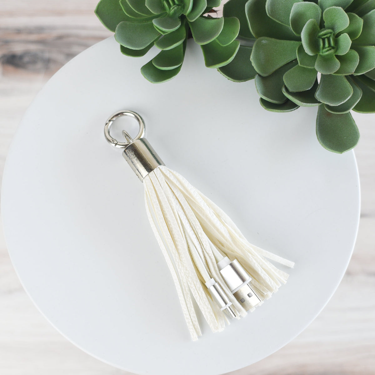 Tassel Key Chain with Micro USB Charging Cable-Keychain-White-Lemons and Limes Boutique