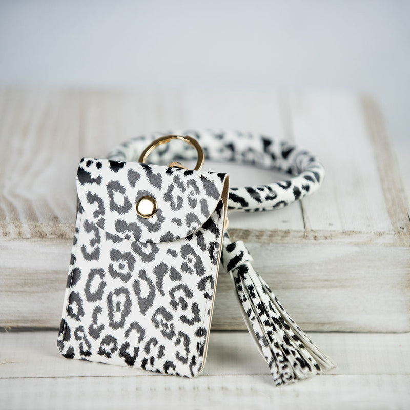 Ashley Hands Free Bangle Keychain with Card Pouch-White Leopard-keychain-Lemons and Limes Boutique