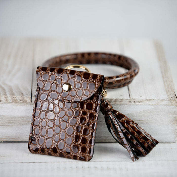 Ashley Hands Free Bangle Keychain with Card Pouch-Chocolate Patent Croc-keychain-Lemons and Limes Boutique