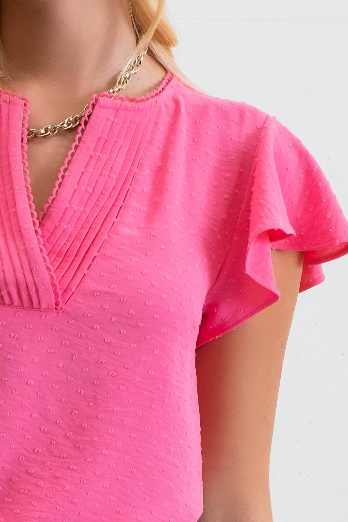 Lace Edge Split Neckline Woven Top in Fuchsia--Lemons and Limes Boutique