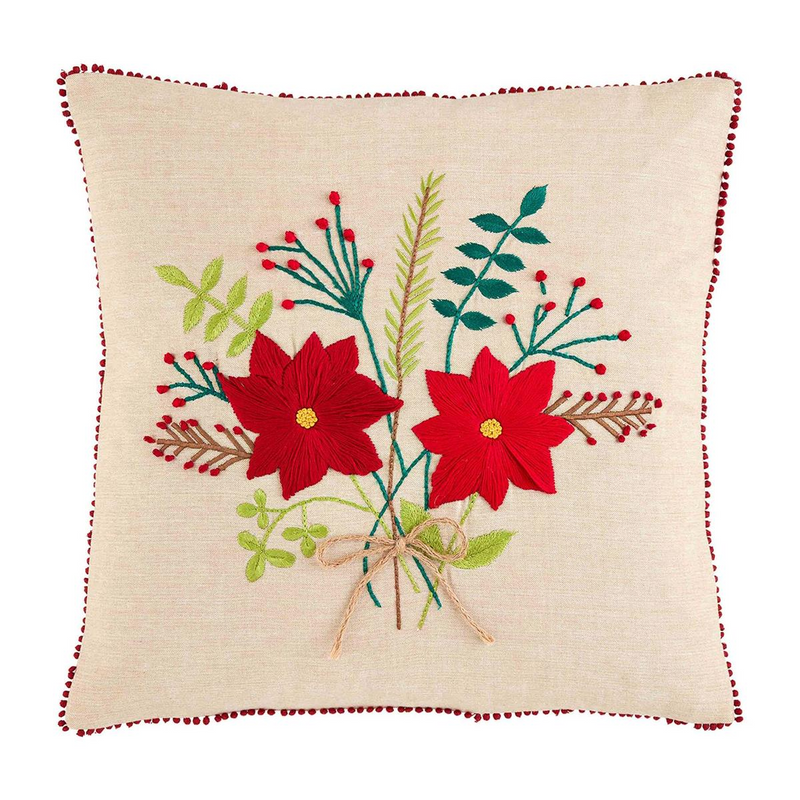 Bouquet Poinsettia Embroidered Pillow by Mudpie--Lemons and Limes Boutique