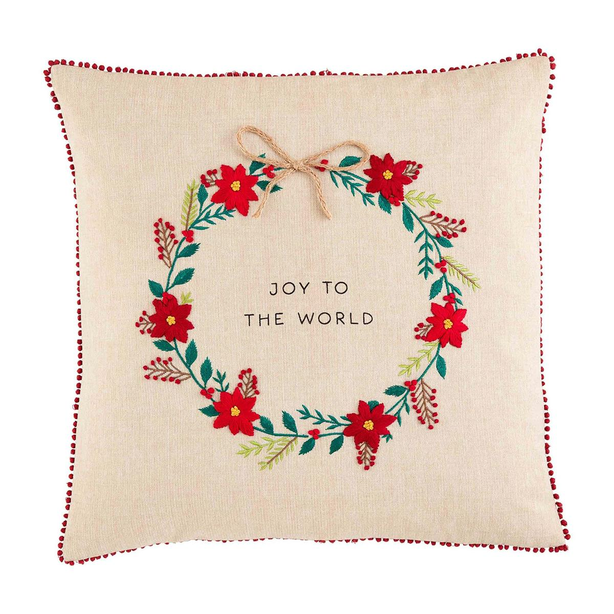 Wreath Poinsettia Embroidered Pillow by Mudpie--Lemons and Limes Boutique