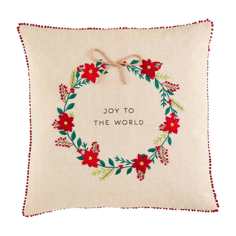 Wreath Poinsettia Embroidered Pillow by Mudpie--Lemons and Limes Boutique