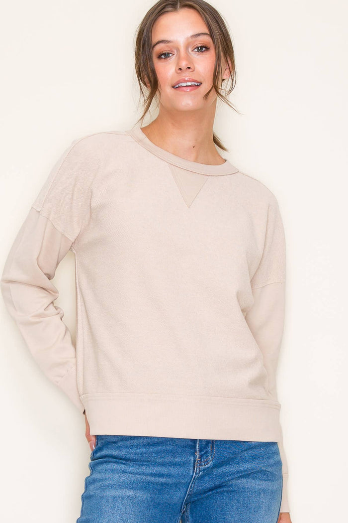 Crew Neck Solid Long Sleeve Terry Top in Oatmeal--Lemons and Limes Boutique