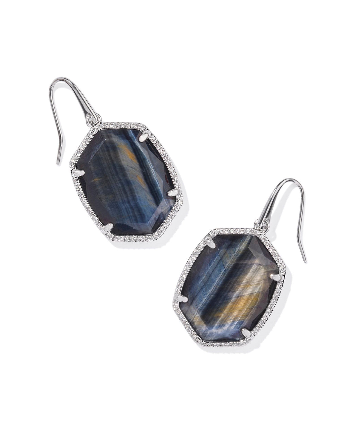 Daphne Pave Frame Drop Earrings in Silver Navy Tigers Eye by Kendra Scott-Lemons and Limes Boutique