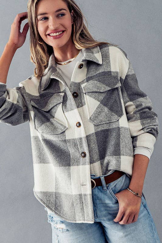 Plaid Flannel Button Down Jacket in Grey--Lemons and Limes Boutique