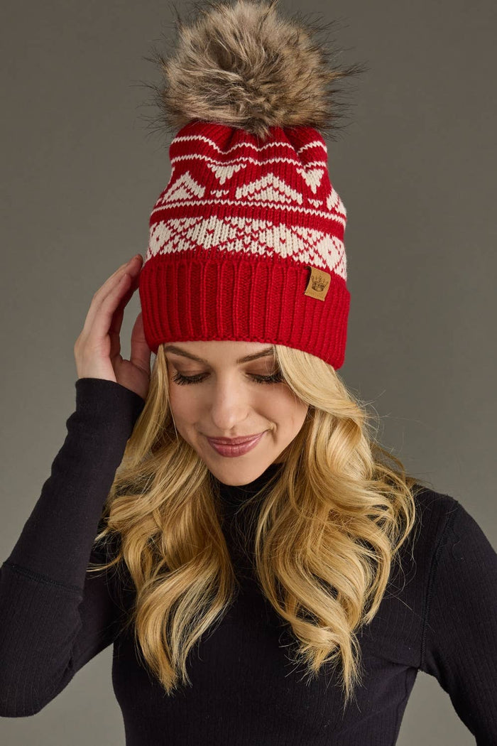 Red & Cream Patterned Pom Hat-Lemons and Limes Boutique