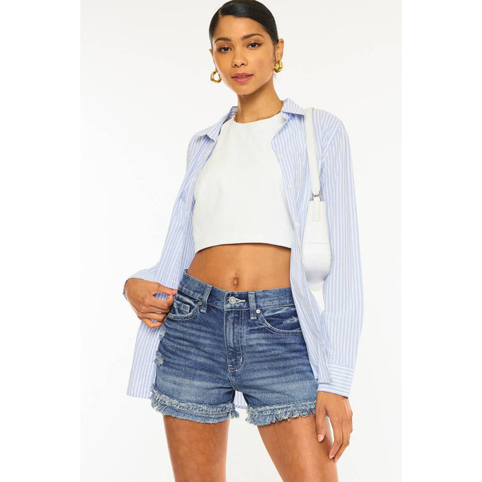 Sasha High Rise Fray Hem Denim Shorts In Medium Stone Wash Kan Can USA--Lemons and Limes Boutique