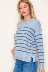 Striped Crew Neck Pullover Sweater with Side Slits in Denim--Lemons and Limes Boutique