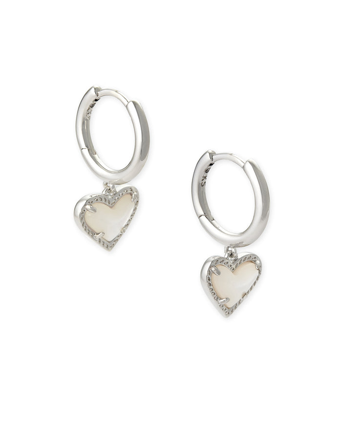 Ari Heart Huggie Earrings in Rhodium Ivory Mother of Pearl by Kendra Scott-EARRINGS-Lemons and Limes Boutique