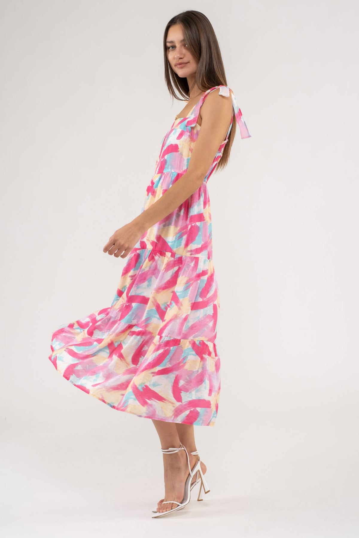 Brush Stroke Print Tiered Midi Dress in Fuchsia Multi--Lemons and Limes Boutique