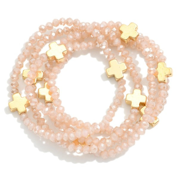 Faceted Bead and Cross Stretch Bracelet-Cross Jewelry-Blush Pink-Lemons and Limes Boutique