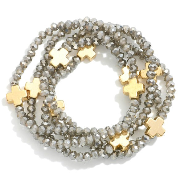 Faceted Bead and Cross Stretch Bracelet-Cross Jewelry-Grey-Lemons and Limes Boutique