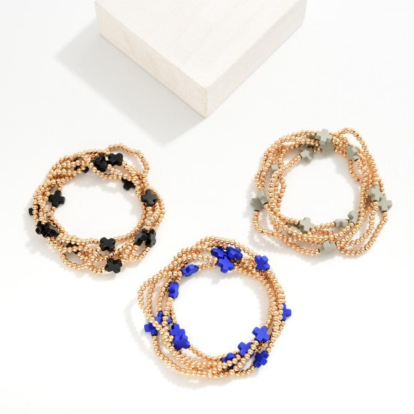 Gold Bead and Cross Bracelet-Stretch Bracelets-Lemons and Limes Boutique