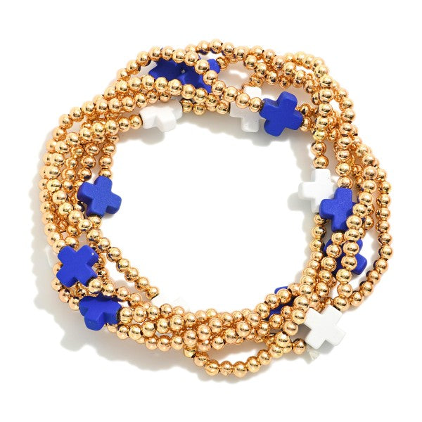 Gold Bead and Cross Bracelet-Stretch Bracelets-Lemons and Limes Boutique