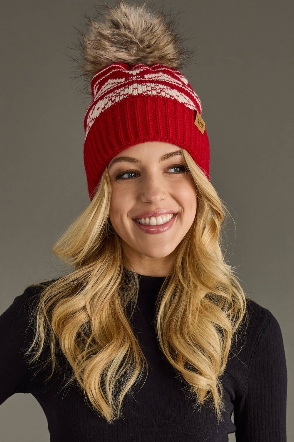 Red & Cream Patterned Pom Hat-Lemons and Limes Boutique