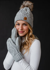 Light Gray Cable Knit Pom Hat-Lemons and Limes Boutique