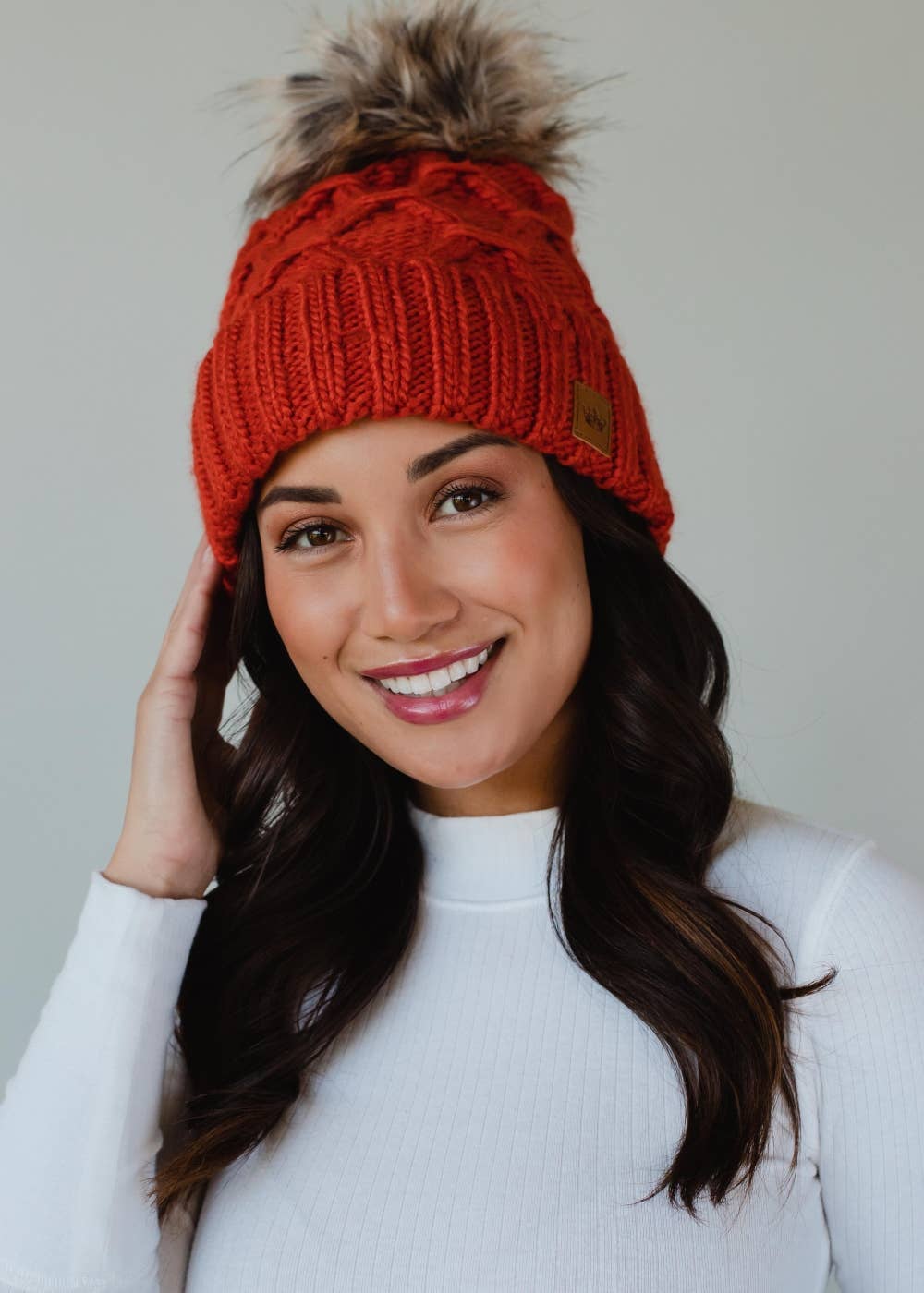 Terracotta Diamond Cable Knit Pom Hat-Lemons and Limes Boutique