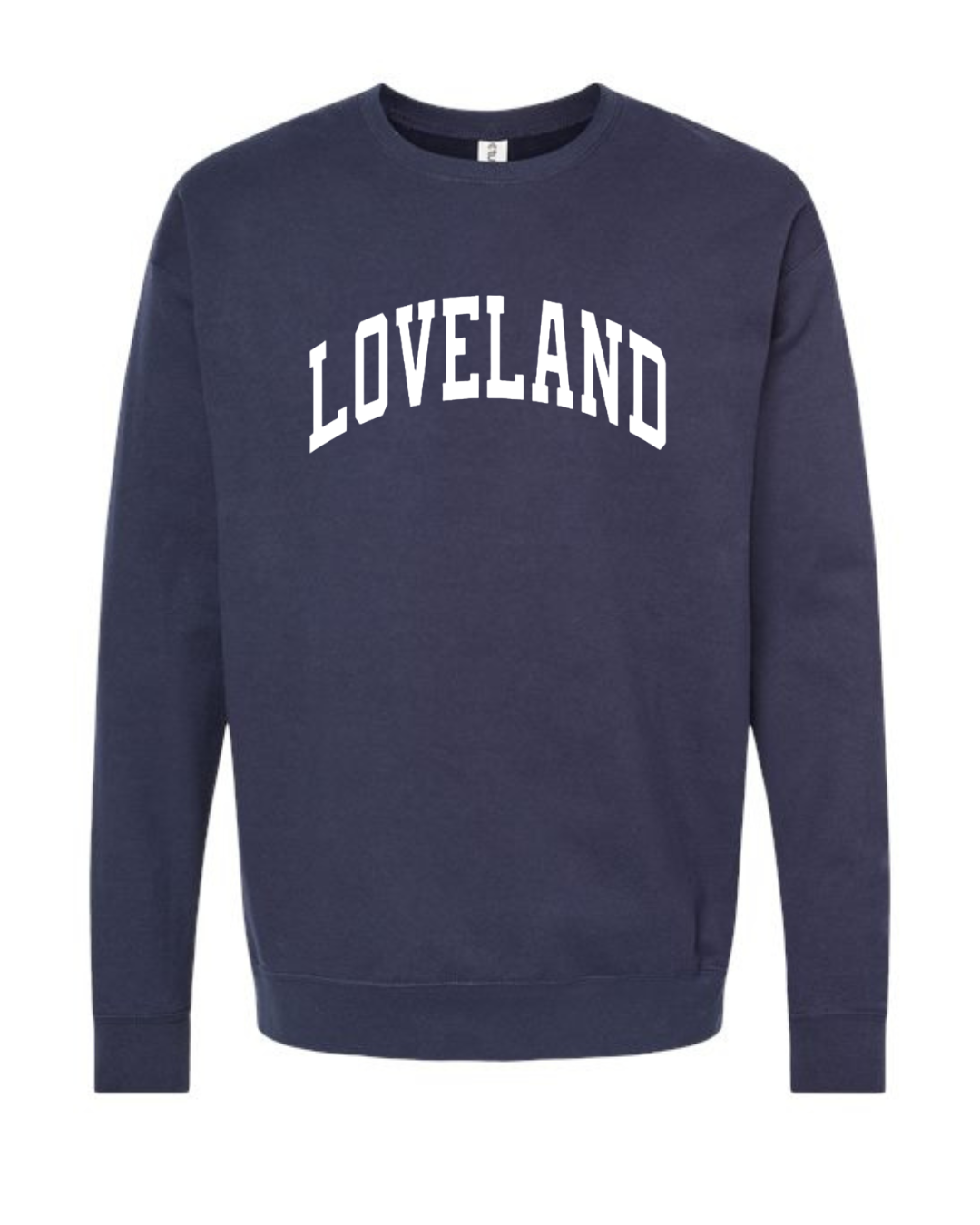 Loveland Curved White Sweatshirt on Heather Denim