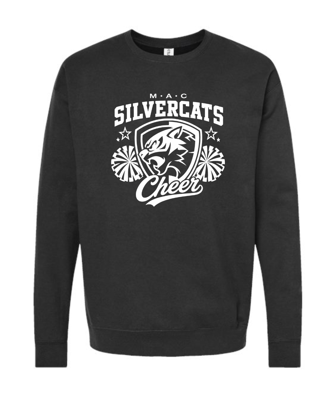 Silvercats Cheer in White On Black Crewneck - Youth and Adult