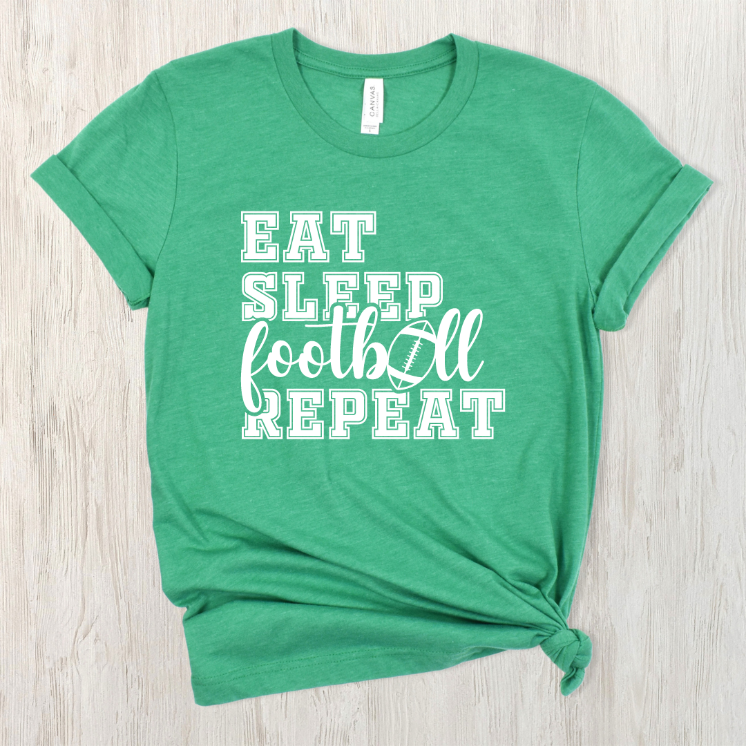 Eat Sleep Football Repeat Short Sleeve Tee-XS-Heather Green-Lemons and Limes Boutique