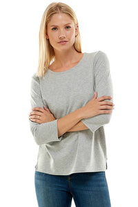 Women's 3/4 Sleeve Side Slit French Terry Top in Heather Gray--Lemons and Limes Boutique