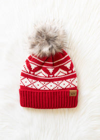 Red & Cream Patterned Pom Hat-Lemons and Limes Boutique
