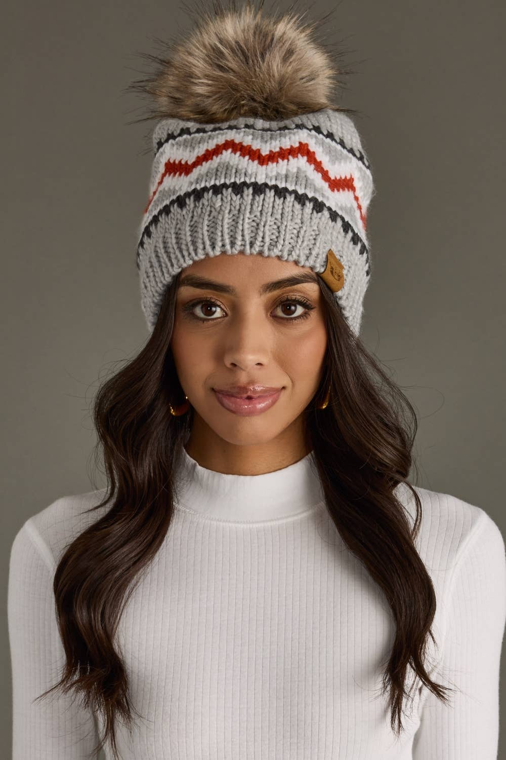 Gray, Red & White Patterned Pom Hat-Lemons and Limes Boutique