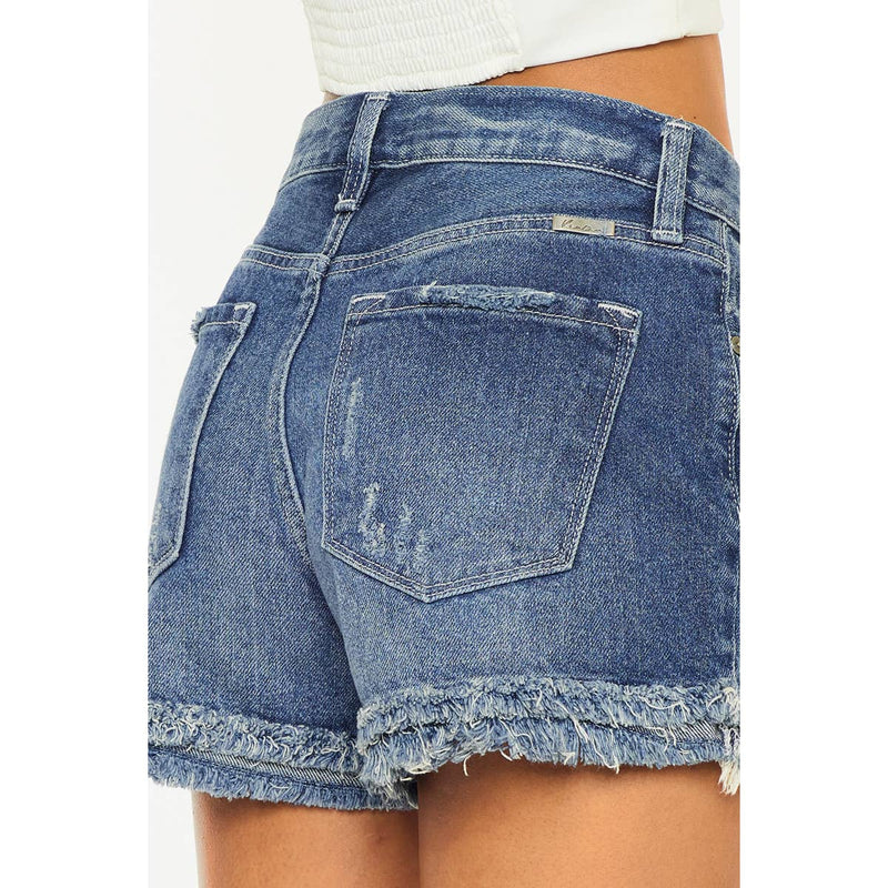 Sasha High Rise Fray Hem Denim Shorts In Medium Stone Wash Kan Can USA--Lemons and Limes Boutique