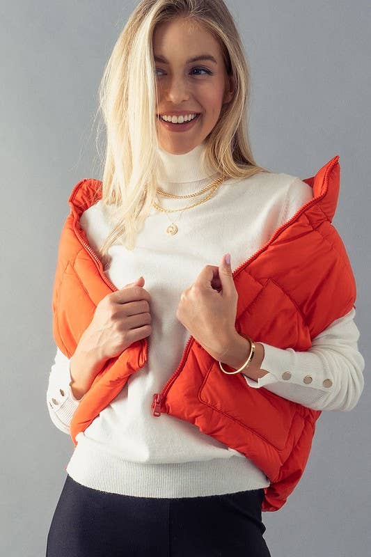 Stand Up Collar Quilt Cropped Puffer Vest in Tomato--Lemons and Limes Boutique